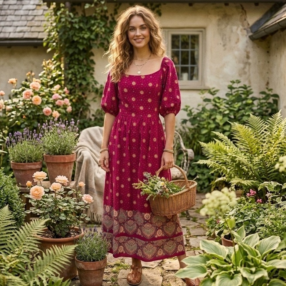 Boho Red Floral Midi Dress Puff Sleeve Cottagecore Summer Casual Size 10 Vintage
